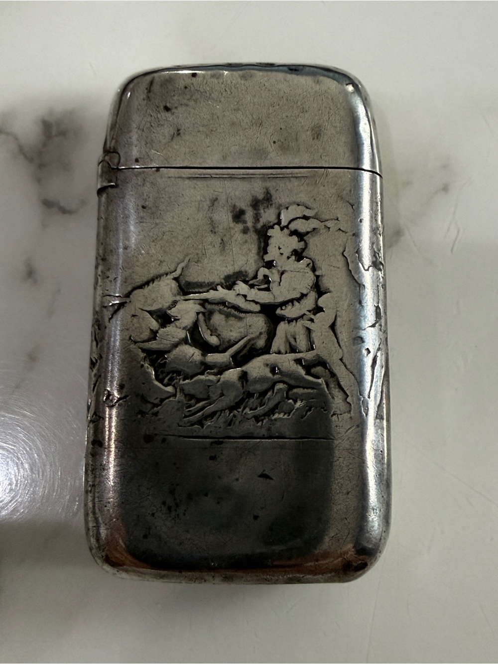 Antique Gorham Sterling Silver matchsafe Vesta c 1884 acid etched horse hunt fox